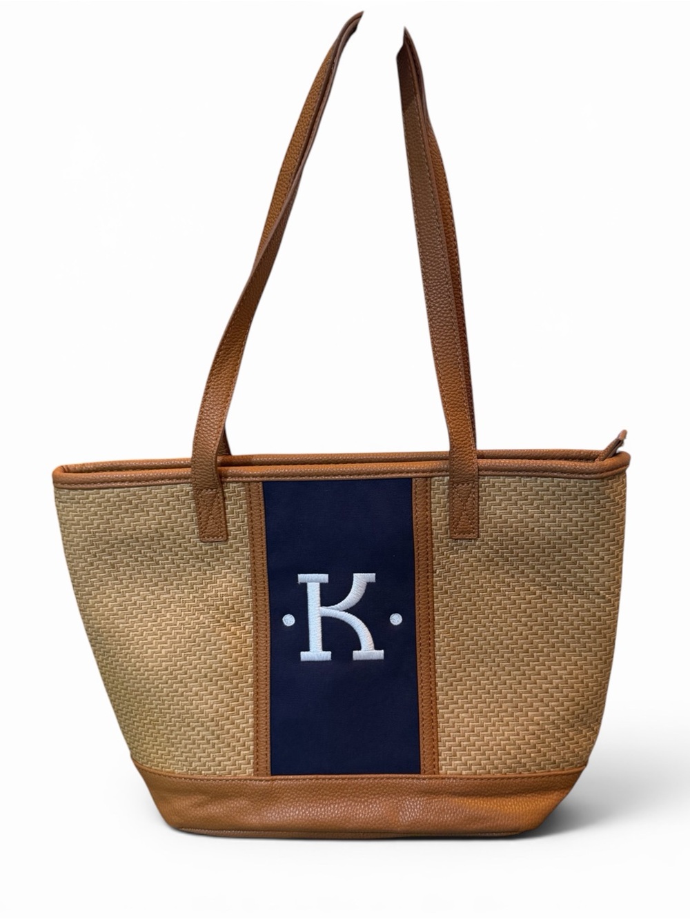 Thirty-One Mongram "K"/Natural Straw/100% Paper/Navy Center Panel/Tote Bag